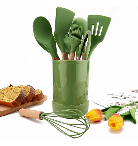Juego 12 Utensilios Silicona Verde Resistente Al Calor