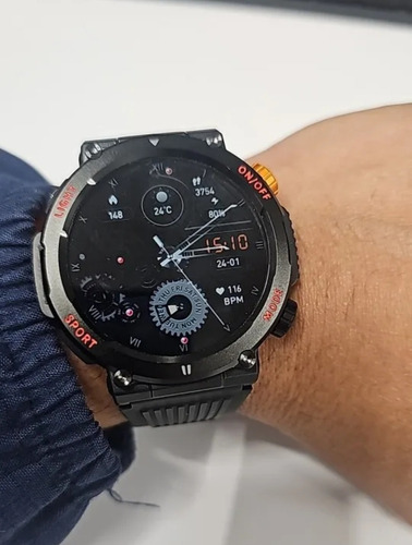 Smartwatch Lepom H17 Redondo Lanterna Real, Bússola, Ligação Caixa Preto Pulseira Preto Bisel Preto Desenho Da Pulseira Tático