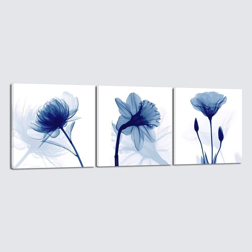 Flores Azules, 3 Paneles, Lienzo Impreso, Arte De Pared...
