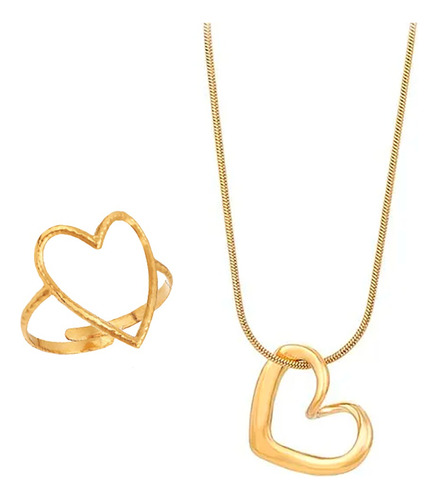 Conjunto Collar Anillo Acero Chapado Oro18k Corazón