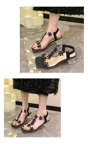 Sandalias De Tacón Alto Con Cabeza Cuadrada Y Flores De Moda