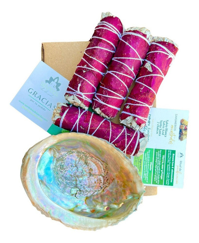 Kit De 4 Sahumerios Con Incensario Natural Concha De Abulón Fragancia Salvia Blanca con Pétalos de Rosa