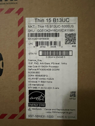 Msi Thin 15 B13uc-1000us I5- Rtx3050 - 16gb Ram - 512 Ssd Gris