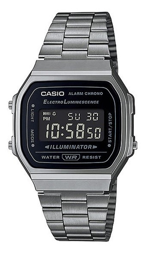 Reloj de pulsera Casio Reloj A-168WGG-1B de cuerpo color peltre, digital, para hombre, fondo negro, con correa de acero inoxidable color peltre, bisel color peltre