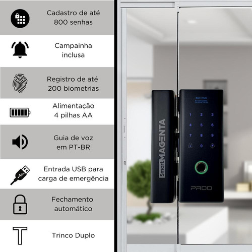 Imagem 4 de 7 de Fechadura Eletrônica Pado Fdv200 Para Porta De Vidro