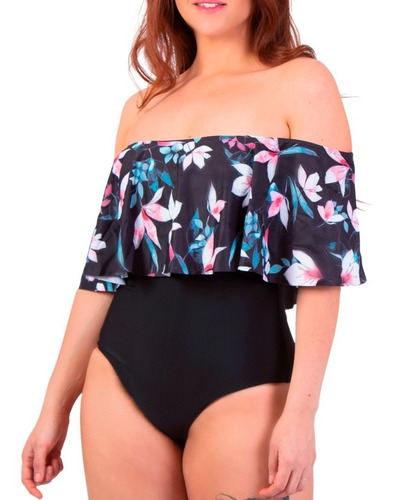 Imagen 3 de 4 de Traje De Baño Sin Hombros Negro Floral