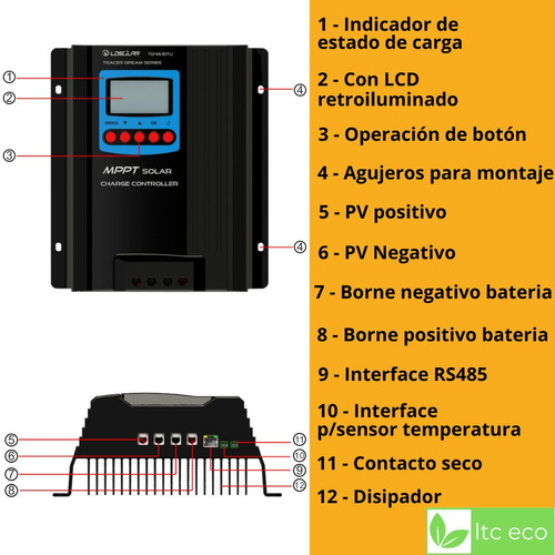 Regulador Voltaje Solar Mppt Max 60a 12v 24v 48v Tension
