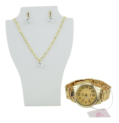 Kit Relógio Feminino Dourado Qualidade Original Colar+brinco