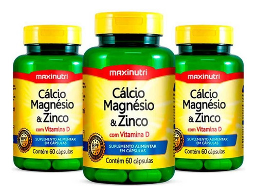 Kit 3 Cálcio Magnésio Zinco Vitamina D 60 Capsulas Maxinutri