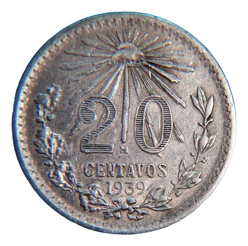 Moneda 20 Centavos 1939 Resplandor  Ley .720 Plata