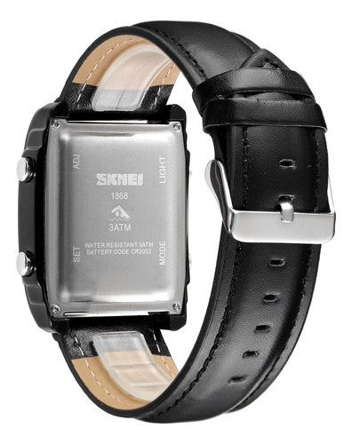 Reloj Skmei Rectangular Piel Genuina Tres Hrs Configurables Correa Negro Bisel Dorado