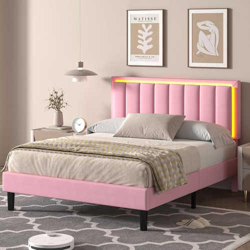 Bed Frame Matrimonial Color Rosa C/cabecera Con Luz Led