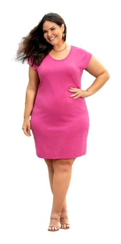 Vestido Rosa Pink Plus Size Feminino Em Malha De Algodão