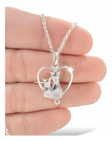 Colgante Corazon Con Pareja De Gatos + Cadena De Plata 980