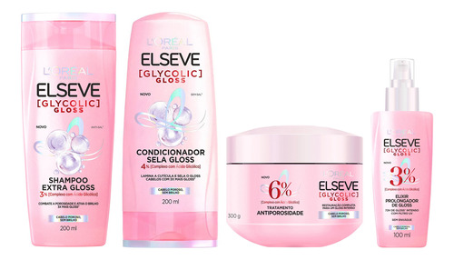 Kit Elseve Glycolic Gloss Shampoo + Cond + Másc + Sérum
