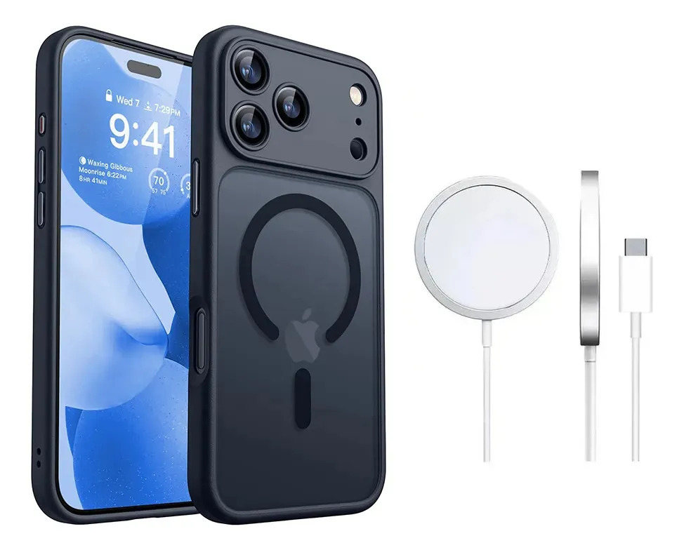 Imagen de Funda Case Para Iphone Negro Con Magsafe + Cargador Inalambrico Uso Rudo Antideslizante Mate Translúcido A Prueba De Golpes Para iPhone 17 Pro Max Zacateq
