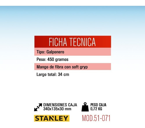 Martillo Galponero Stanley 51-071 34 Cm Cabo Fibra De Vidrio