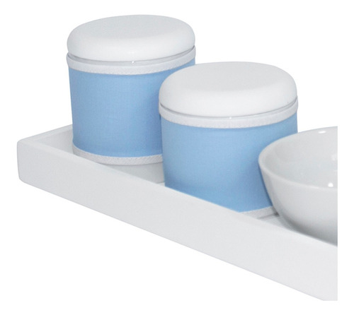 Kit Higiene Bandeja Pequeno Potes Porcelana Azul Menino Bebê Cor Branco