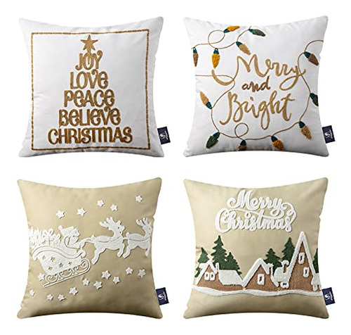 Set Of 4 Merry Christmas Decorative Velvet And Cotton C...