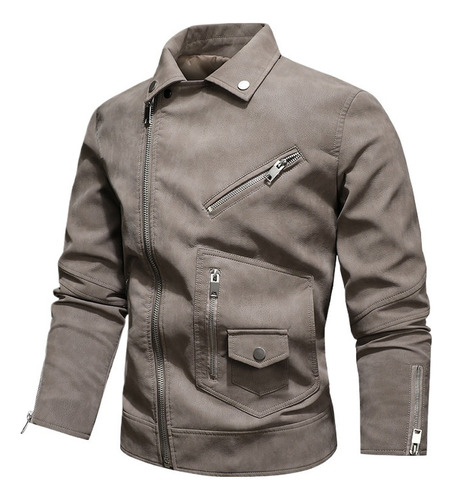 Chaqueta De Piel Para Hombre Con Solapa Y Cremallera