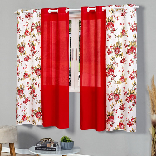 Cortina Florata Para Janela Sala Ou Quarto 2,80m X 1,40m Cor Vermelho