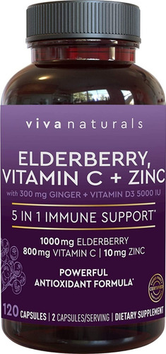 Elderberry, Vitamina C, Zinc, Vitamina D 5000 Iu Y Jengibre 