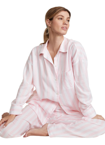 Pijama Franela Rayado Rosa Oversized S M L Victoria's Secret