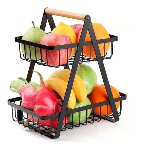 Frutera Panera Organizador Metal Dos Niveles Mango Madera