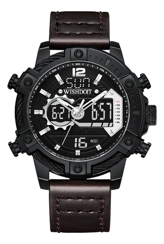Reloj de pulsera Wishdoit WSD6610:ba con cuerpo negro dorado, analógico-digital, para hombre, fondo negro, con correa de piel negra, bisel negro y hebilla simple