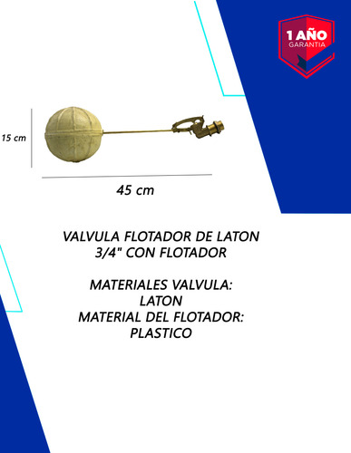 Valvula Flotador De Laton 3/4 Pulgadas Con Flotador