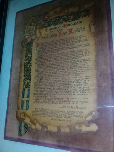 Cuadro Testamento Holografo Del General Jose De San Martin (Usado)
