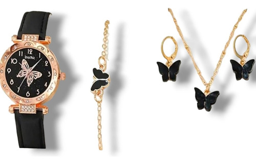 Set Reloj Negro Mariposa Collar Anillo Pendientes