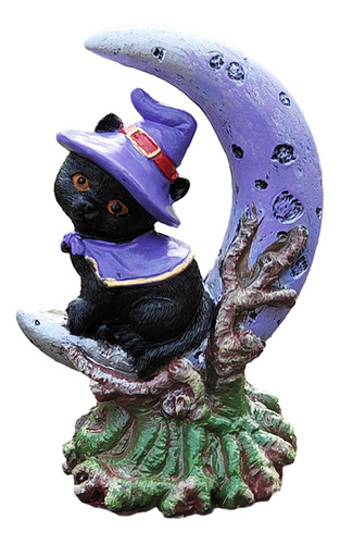 Figura De Estatua De Gato Negro Con Sombrero De Bruja Y Luna