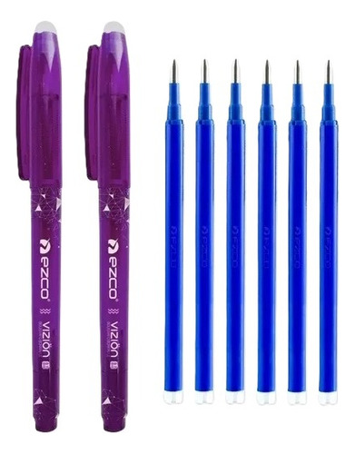 2 Boligrafos Ezco Borrable Vizion Trazo 0.7mm + 6 Repuestos Tinta Azul Exterior Violeta
