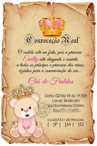 Arte Convite Digital Pergaminho Ursa Princesa Urso Principe