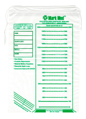 Saquinho Coletor Urina Descart 2000ml Cordão 100un Mark Med