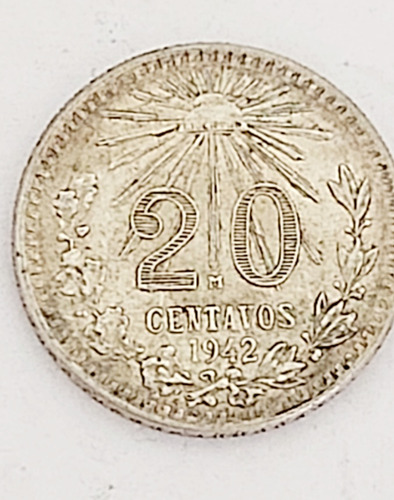 Moneda Plata 0.720 De 20 Centavos 1942 México Colección (Usado)