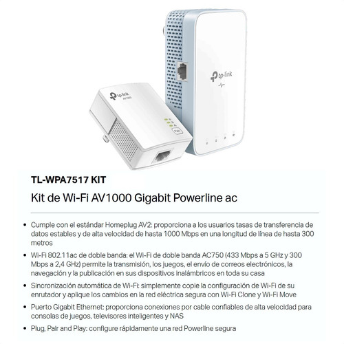 Imagen 3 de 10 de Kit Powerline Gigabit Wifi Ac Av1000, Tp-link Tl-wpa7517kit