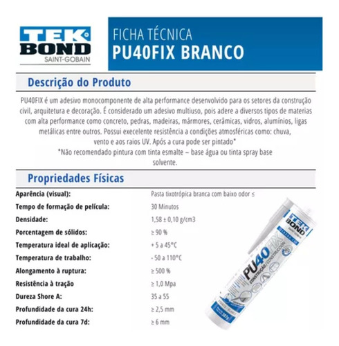 Silicone Pu 40 Cola Fix Adesivo Selante Branco 387g Tek Bond