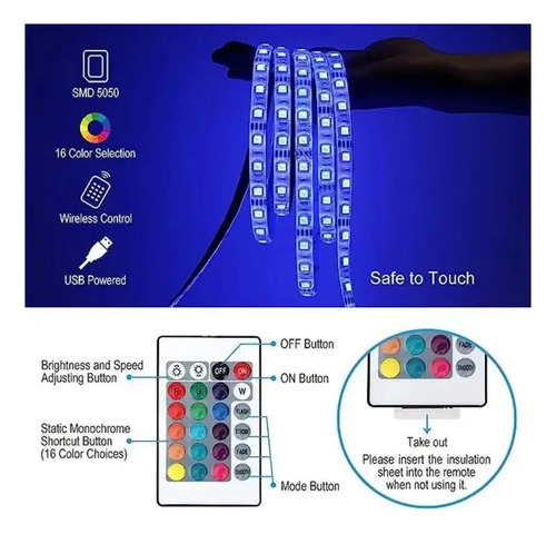 Faixa De Led Rgb De 2m 5v 5050 30leds/m Com Controle Remoto