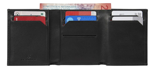 Cartera Victorinox Altius Alox de piel con triple pliegue, color negro, diseño de tela lisa