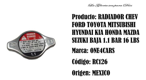 Tapa Radiador Baja 1.1 De 16 Lbs Modelos Vehículos Varios