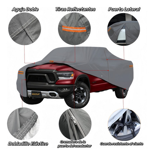 Rizzup® 5.5m Funda Para Pickup 100% Impermeable Cubiertas Para Autos Coche Protector Automovil Vehiculos Accesorios Gris Oscuro 4 Tiras Reflectantes Incluye Cremallera Lateral