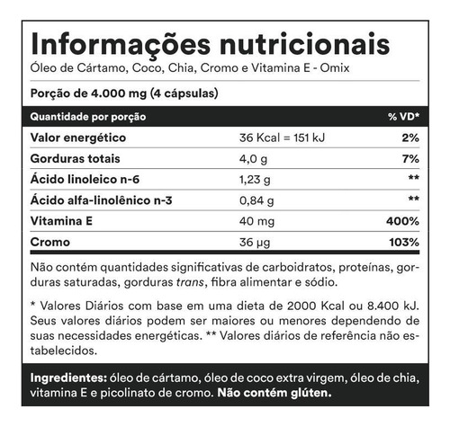 Óleo De Cártamo Coco Chia Cromo E Vitamina E - 70 Cápsulas