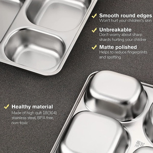 Acero Inoxidable Rectángulo 5 Compartimentos Lunch Plato 2pz