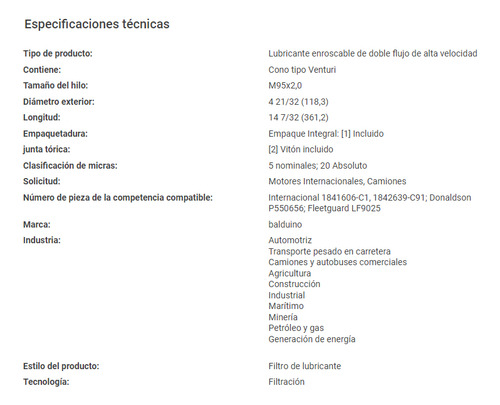 Filtro Baldwin Bd7250 = P552025 57744xd Lf9025 Lfp9025