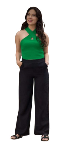 Pantalón Mujer Lino Palazzo,cintura Elasticada Tiro Alto 