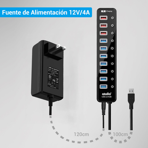 11 Puertos Usb 3.0 Hub Atolla Con 4 Puerto Carga Inteligente