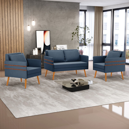 Kit 01 Namoradeira E 02 Poltronas Mari Suede Azul Pés Palito