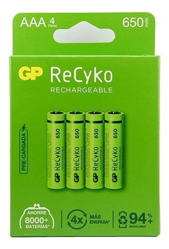 Pilas Recargables Aaa 650 Mah Precargadas Recyko+ Gp X 4